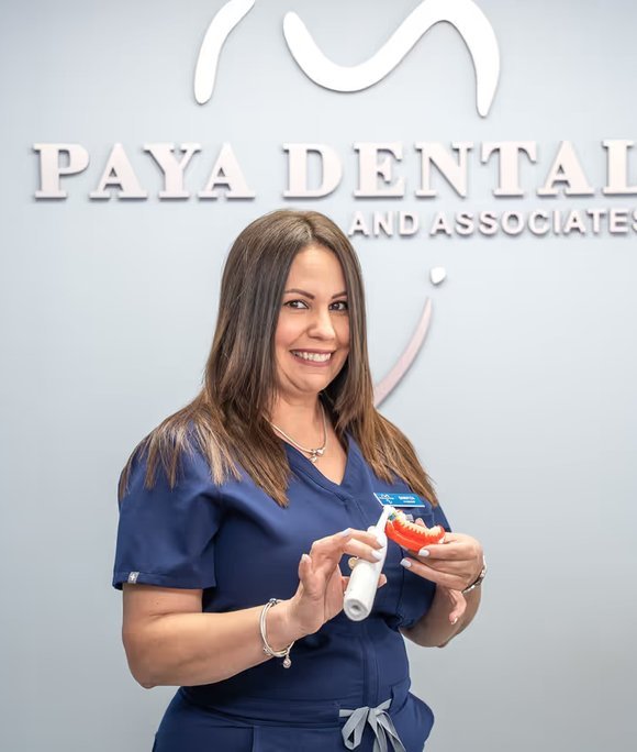 Paya Dental team member holding a dental model