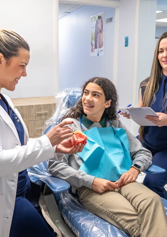 Dentist showing a dental model to a young patient